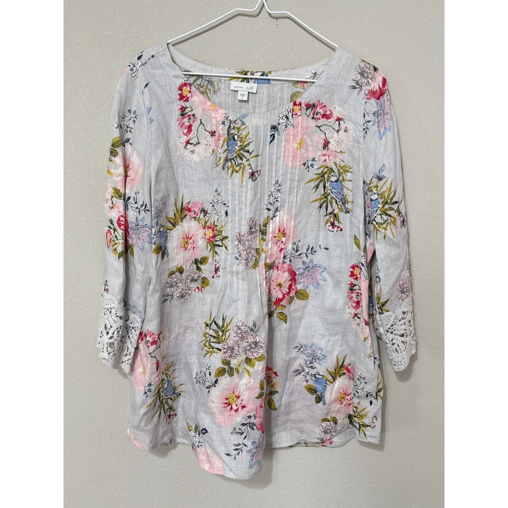J. Jill Love Linen Blouse Women M Grey Floral Bird Pintuck Crochet Lace Trim Top